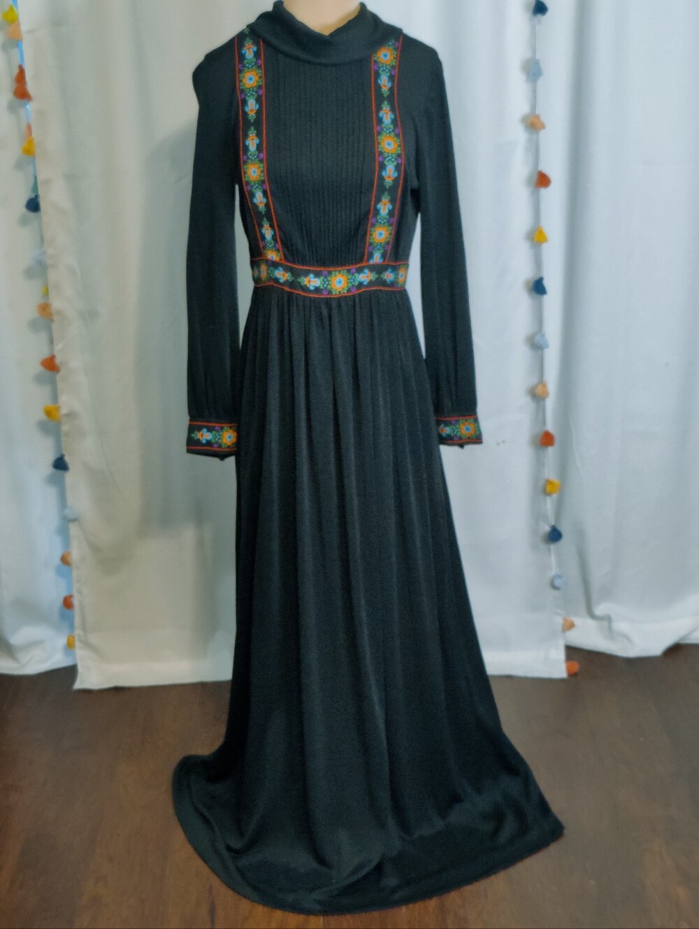 70s black Knit Maxi Dress Folk Art DayGlo Trim Vintage Witchy Fairy Cottage